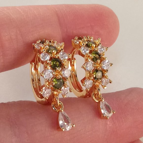 18K Yellow Gold Filled Olive Green Diamond Zircon Hoop Dangle Earrings - Picture 7 of 7